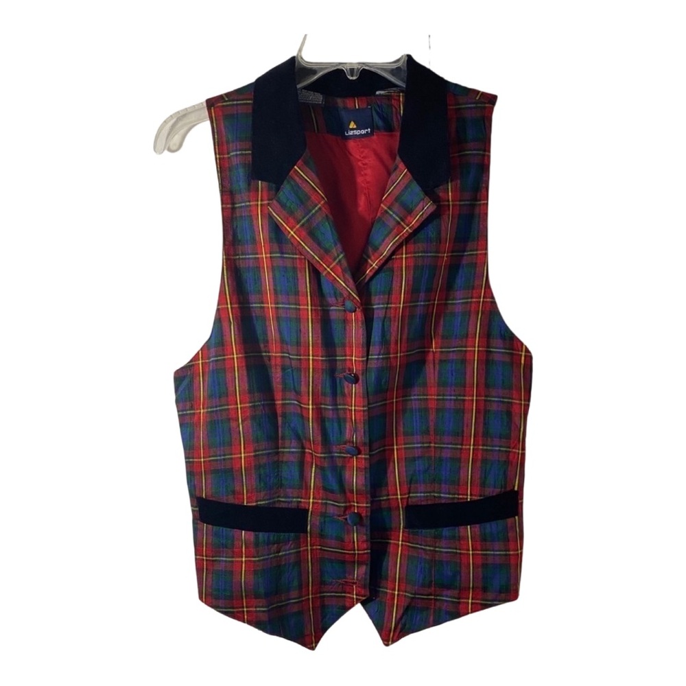 Lizsport Christmas Plaid Duponi Silk Sz Medium Velvet Trim Vest